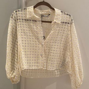 NWT medium Zara sheer daisy print collared button up with elastic bubble sleeves